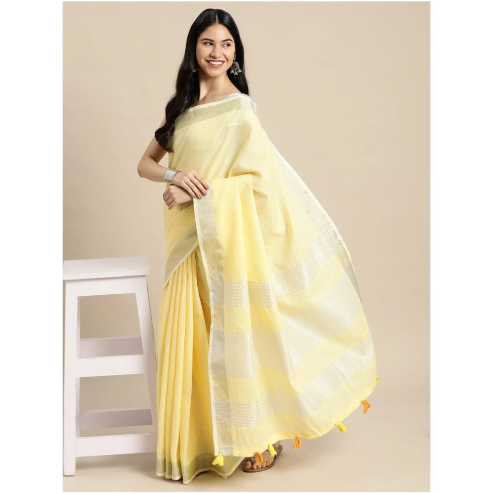 Amfyn Women's Linen Cotton Printed Saree With Unstitched Blouse 5.5Mtr (Yellow)