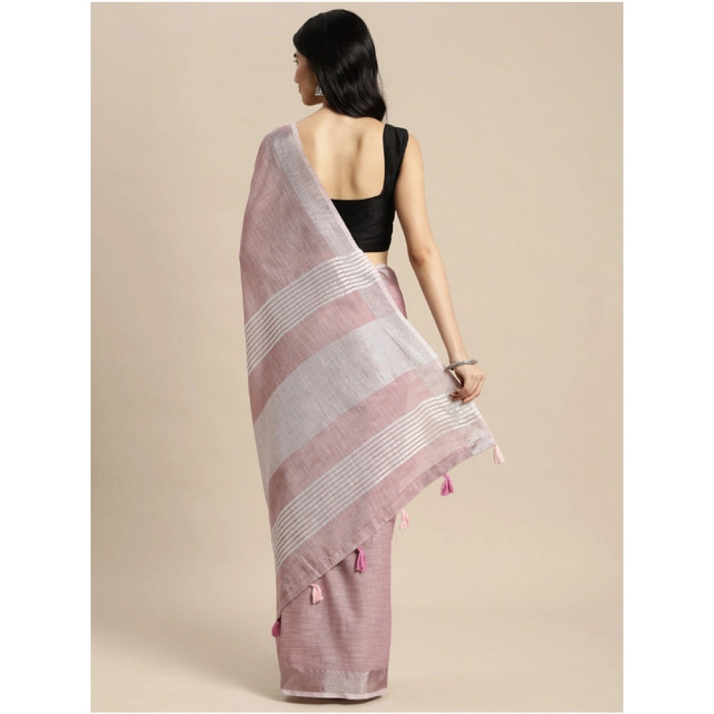 Amfyn Women's Linen Cotton Printed Saree With Unstitched Blouse 5.5Mtr (Purple)