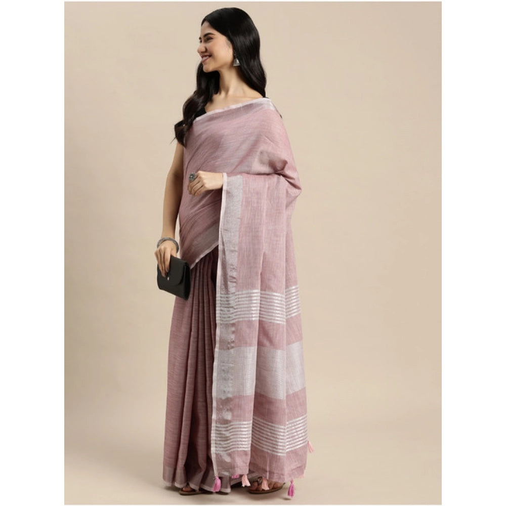 Amfyn Women's Linen Cotton Printed Saree With Unstitched Blouse 5.5Mtr (Purple)