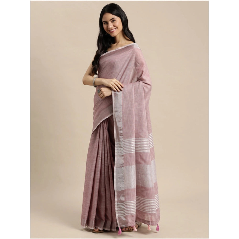 Amfyn Women's Linen Cotton Printed Saree With Unstitched Blouse 5.5Mtr (Purple)