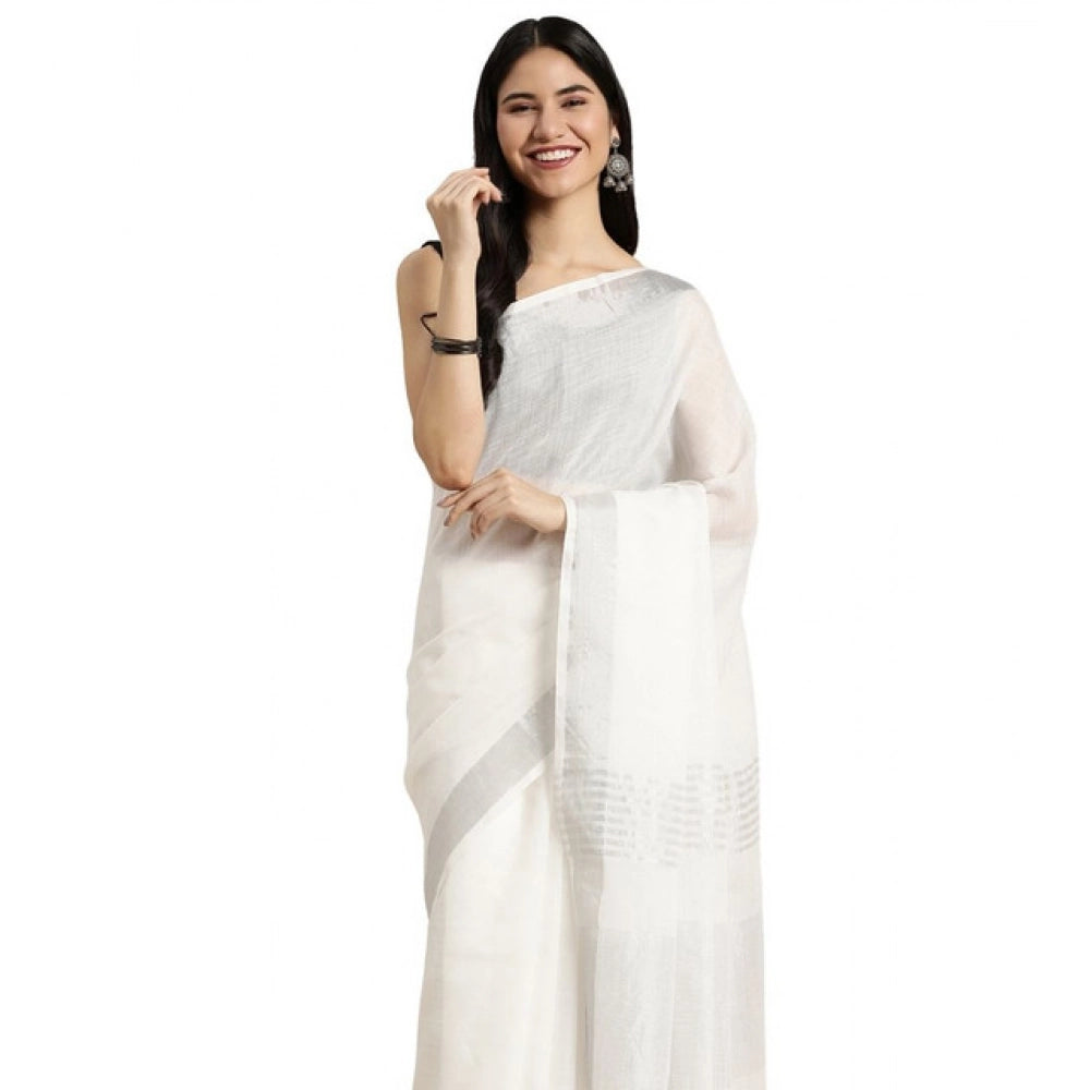 Amfyn Women's Linen Cotton Printed Saree With Unstitched Blouse 5.5Mtr (White)