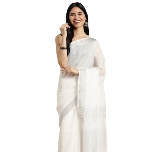 Amfyn Women's Linen Cotton Printed Saree With Unstitched Blouse 5.5Mtr (White)