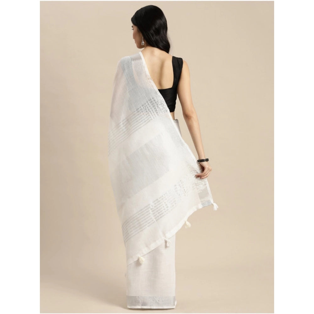 Amfyn Women's Linen Cotton Printed Saree With Unstitched Blouse 5.5Mtr (White)