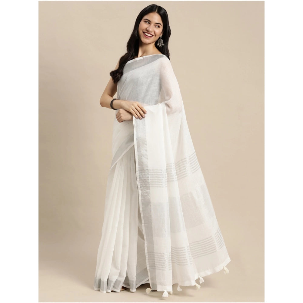 Amfyn Women's Linen Cotton Printed Saree With Unstitched Blouse 5.5Mtr (White)