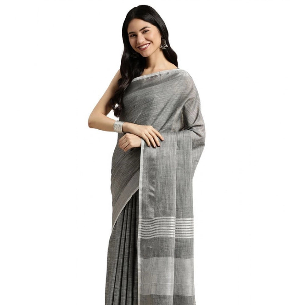 Amfyn Women's Linen Cotton Printed Saree With Unstitched Blouse 5.5Mtr (Dark Grey)