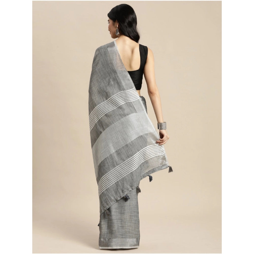 Amfyn Women's Linen Cotton Printed Saree With Unstitched Blouse 5.5Mtr (Dark Grey)