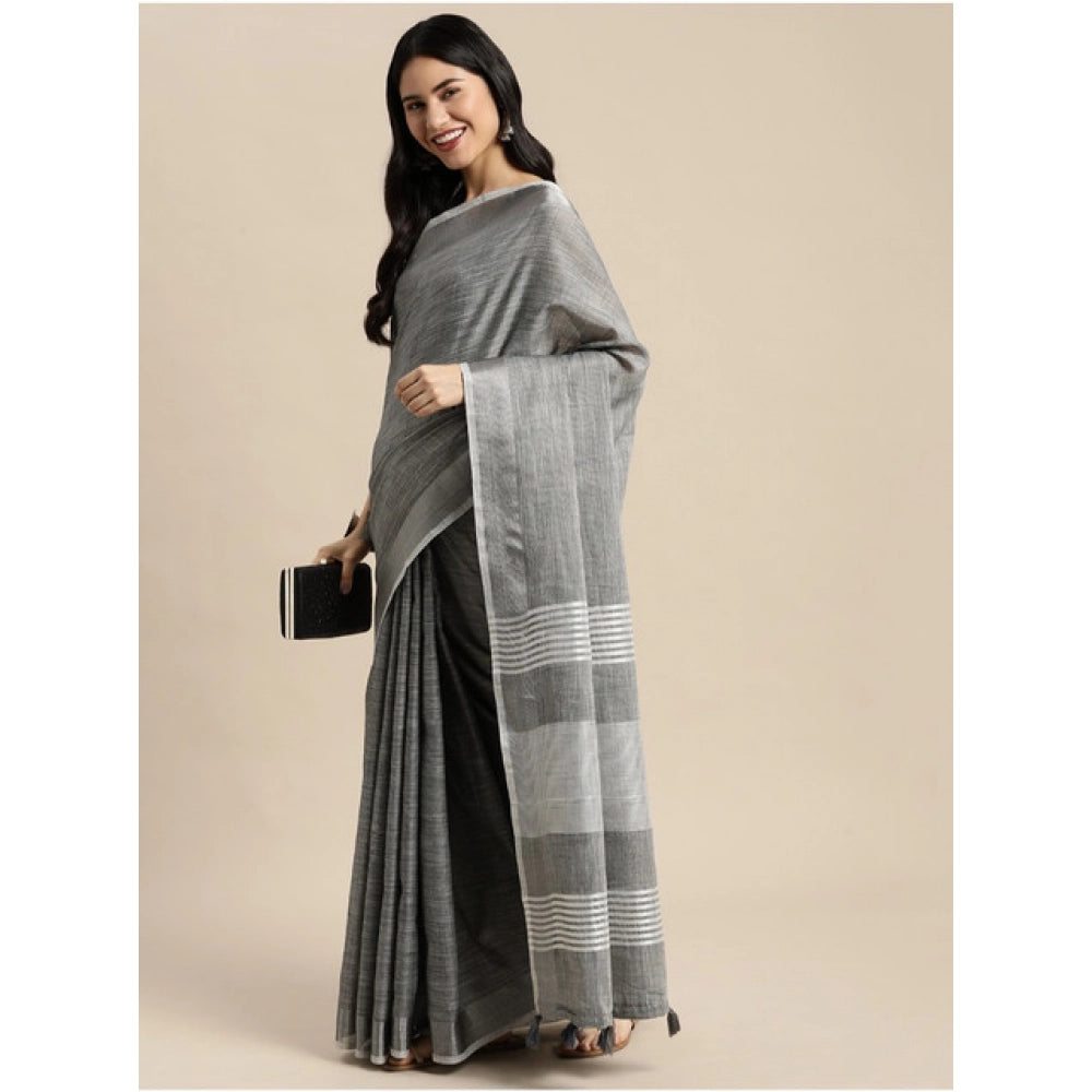 Amfyn Women's Linen Cotton Printed Saree With Unstitched Blouse 5.5Mtr (Dark Grey)