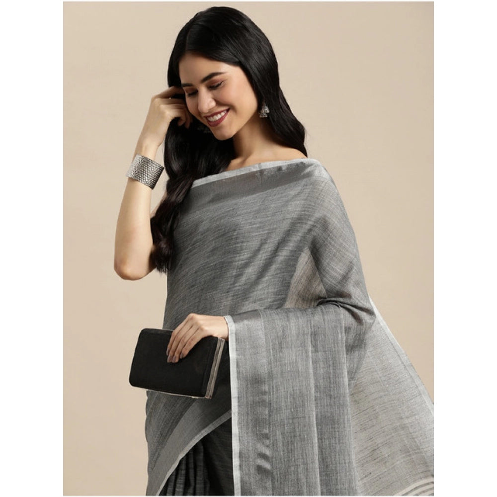 Amfyn Women's Linen Cotton Printed Saree With Unstitched Blouse 5.5Mtr (Dark Grey)
