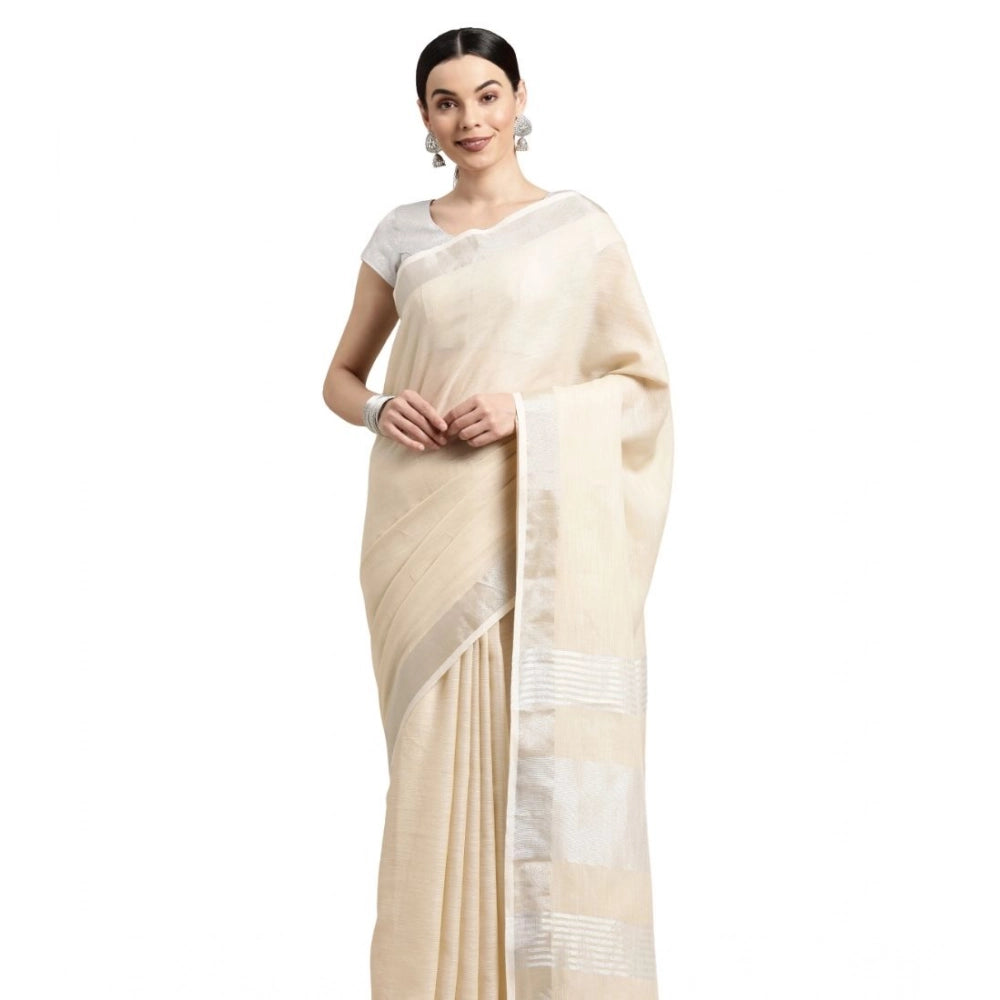 Amfyn Women's Linen Cotton Printed Saree With Unstitched Blouse 5.5Mtr (Cream)