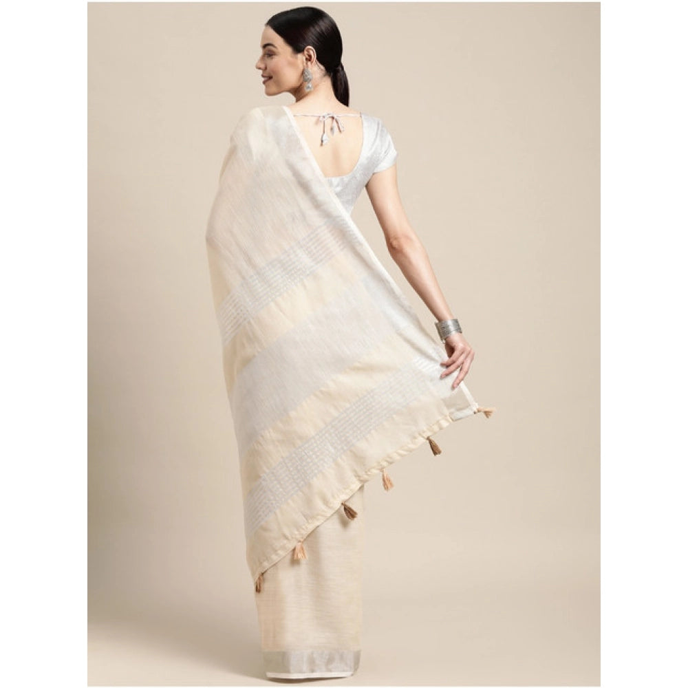 Amfyn Women's Linen Cotton Printed Saree With Unstitched Blouse 5.5Mtr (Cream)