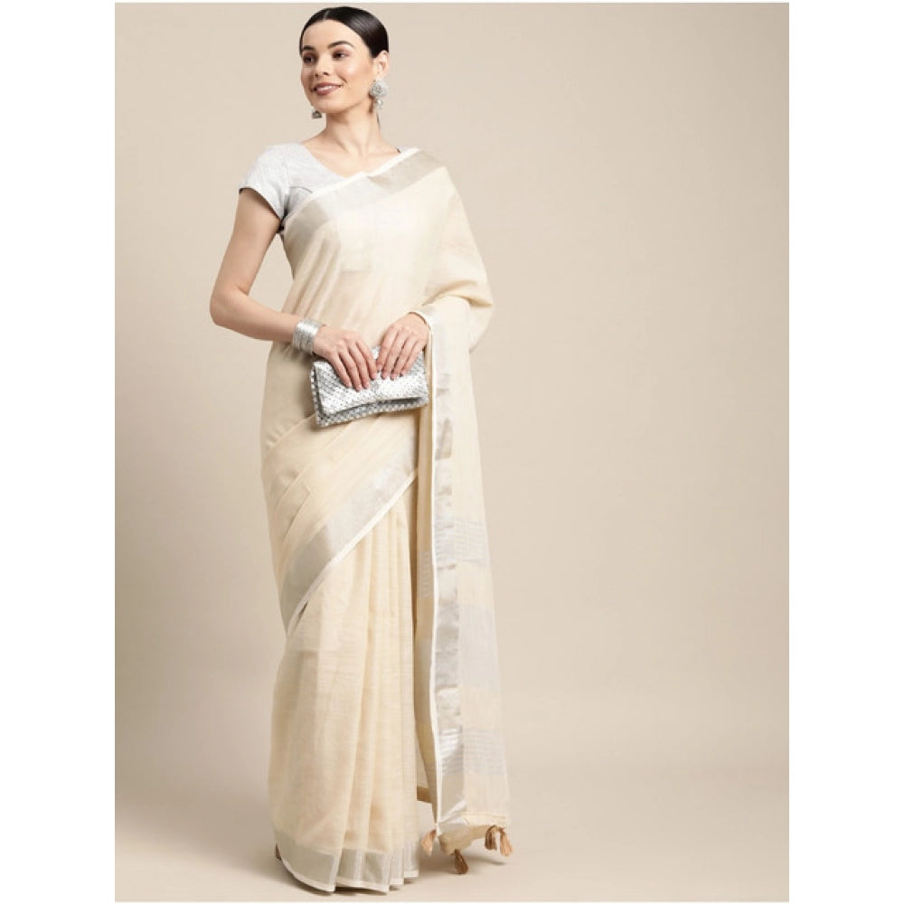 Amfyn Women's Linen Cotton Printed Saree With Unstitched Blouse 5.5Mtr (Cream)