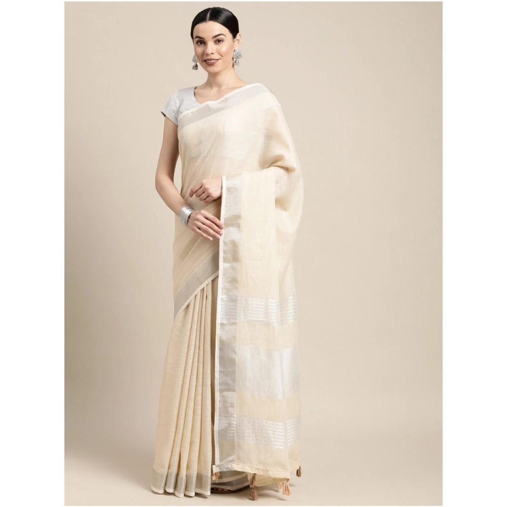 Amfyn Women's Linen Cotton Printed Saree With Unstitched Blouse 5.5Mtr (Cream)