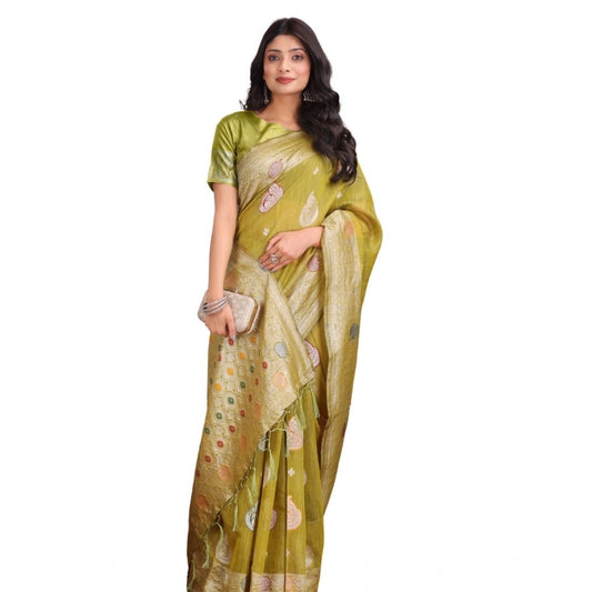 Amfyn Women's Linen Cotton Printed Saree With Unstitched Blouse 5.5Mtr (Mustrad)
