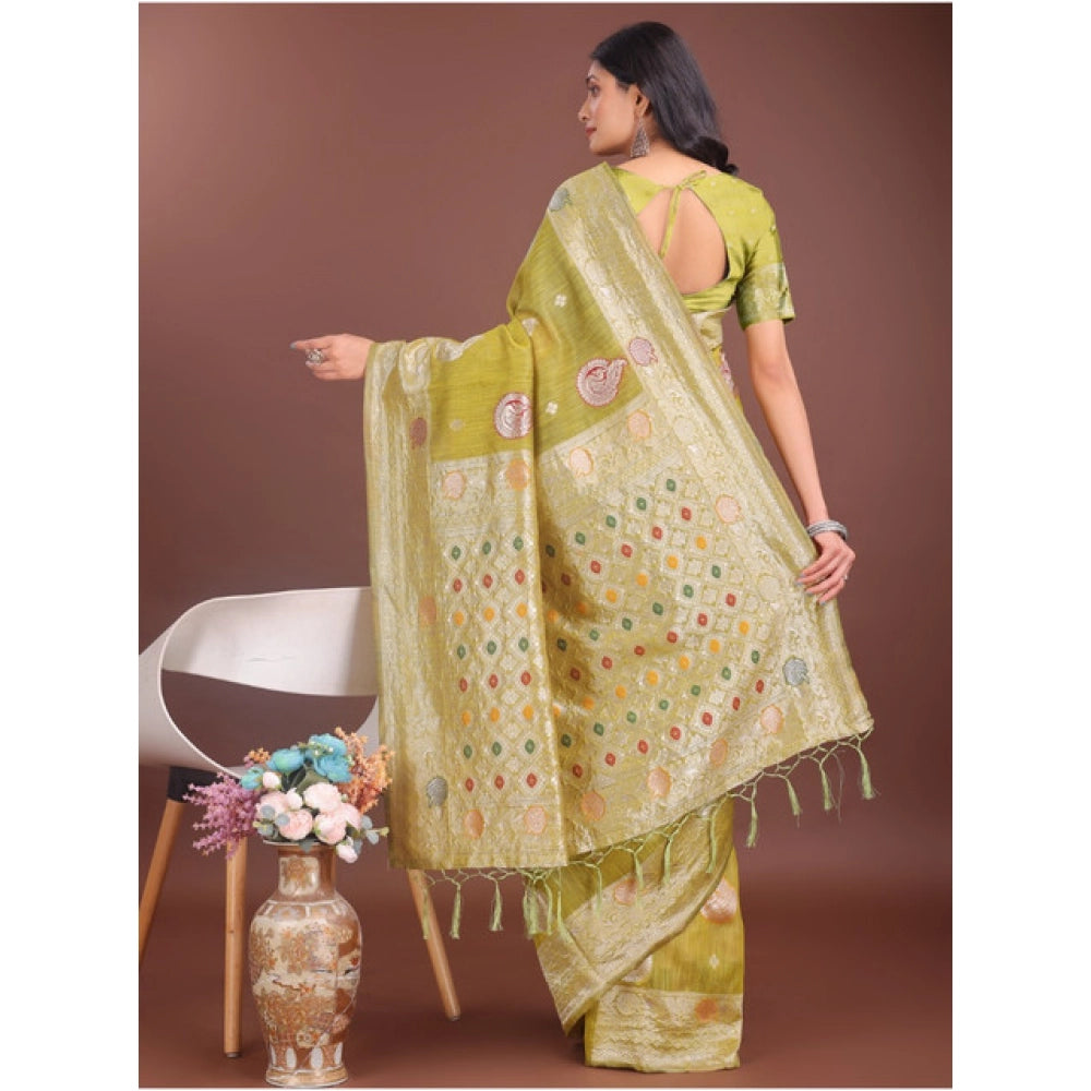 Amfyn Women's Linen Cotton Printed Saree With Unstitched Blouse 5.5Mtr (Mustrad)