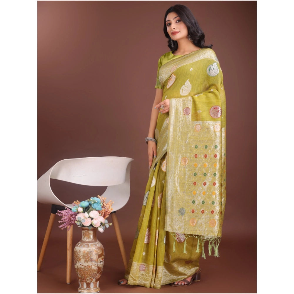 Amfyn Women's Linen Cotton Printed Saree With Unstitched Blouse 5.5Mtr (Mustrad)