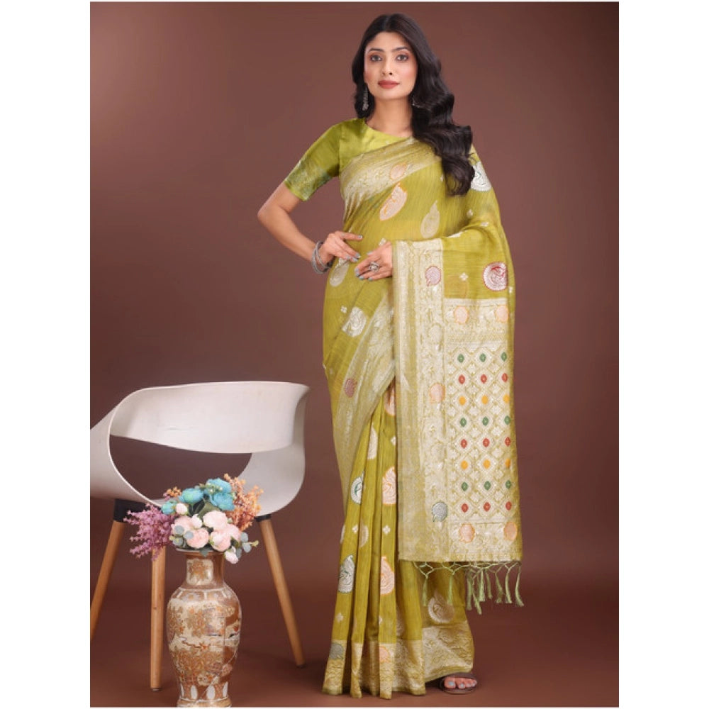 Amfyn Women's Linen Cotton Printed Saree With Unstitched Blouse 5.5Mtr (Mustrad)