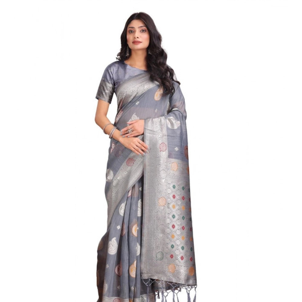 Amfyn Women's Linen Cotton Printed Saree With Unstitched Blouse 5.5Mtr (Grey)