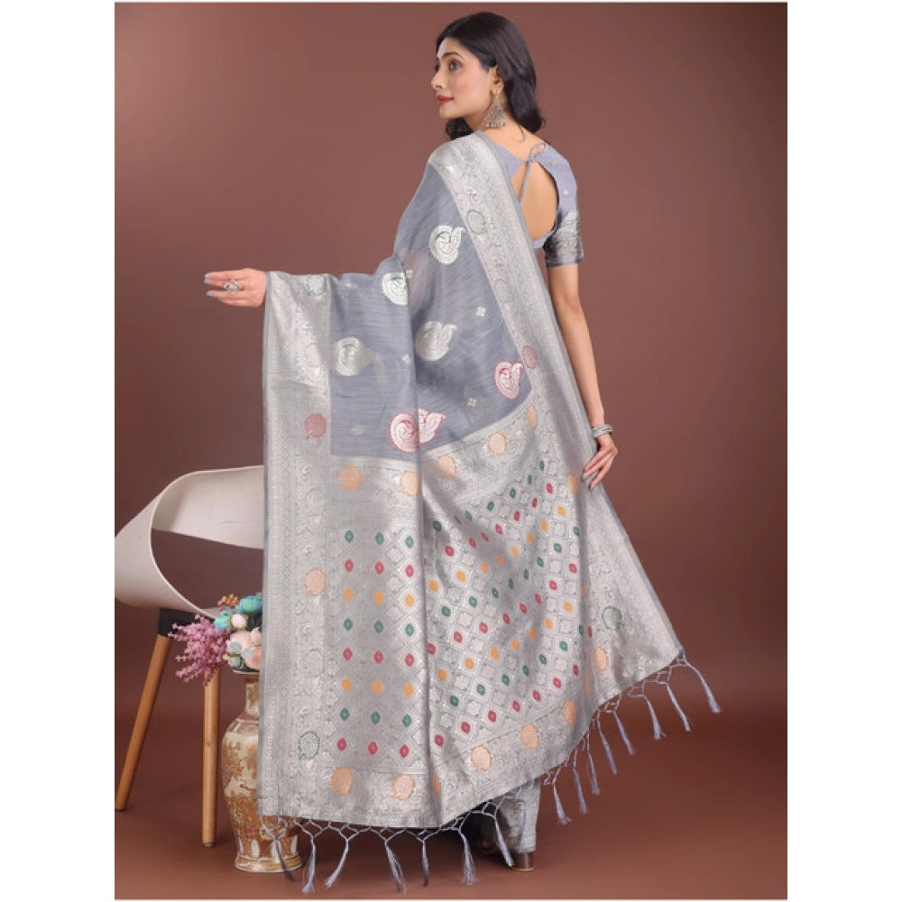 Amfyn Women's Linen Cotton Printed Saree With Unstitched Blouse 5.5Mtr (Grey)