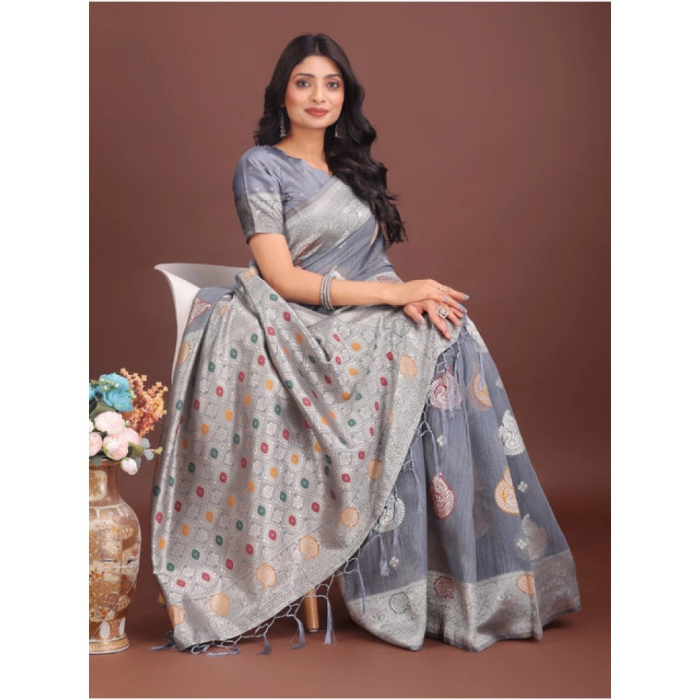 Amfyn Women's Linen Cotton Printed Saree With Unstitched Blouse 5.5Mtr (Grey)