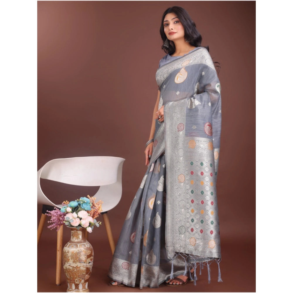 Amfyn Women's Linen Cotton Printed Saree With Unstitched Blouse 5.5Mtr (Grey)