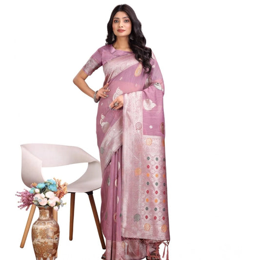 Amfyn Women's Linen Cotton Printed Saree With Unstitched Blouse 5.5Mtr (Purple)