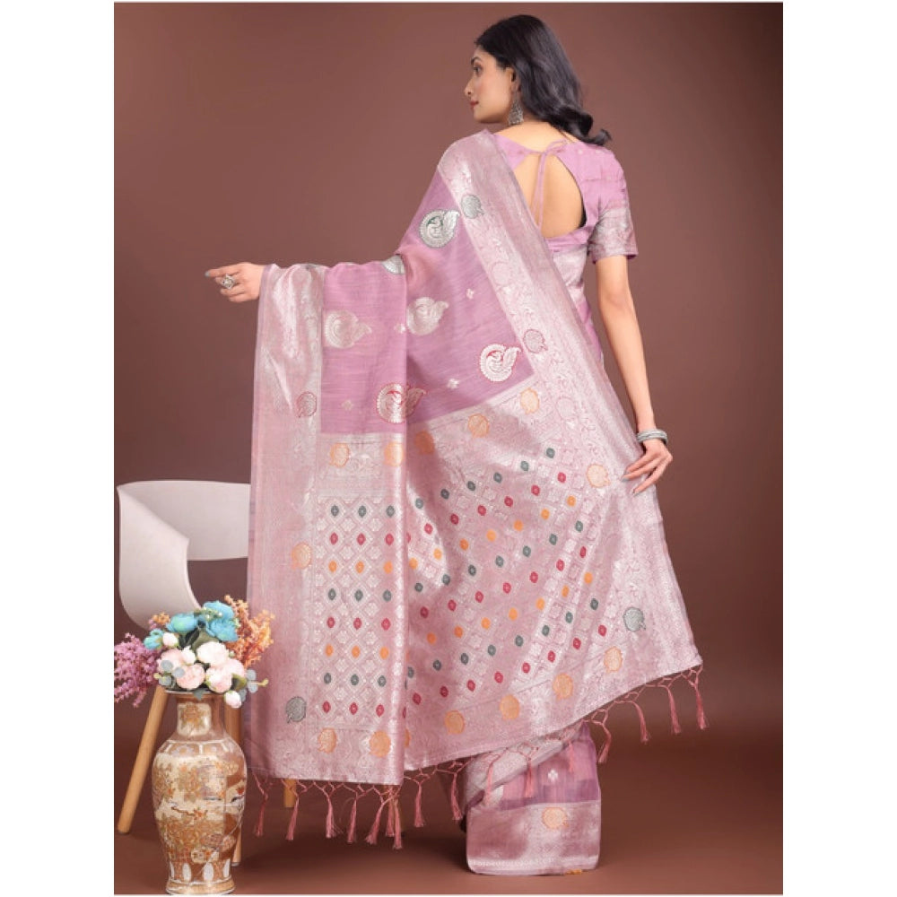 Amfyn Women's Linen Cotton Printed Saree With Unstitched Blouse 5.5Mtr (Purple)