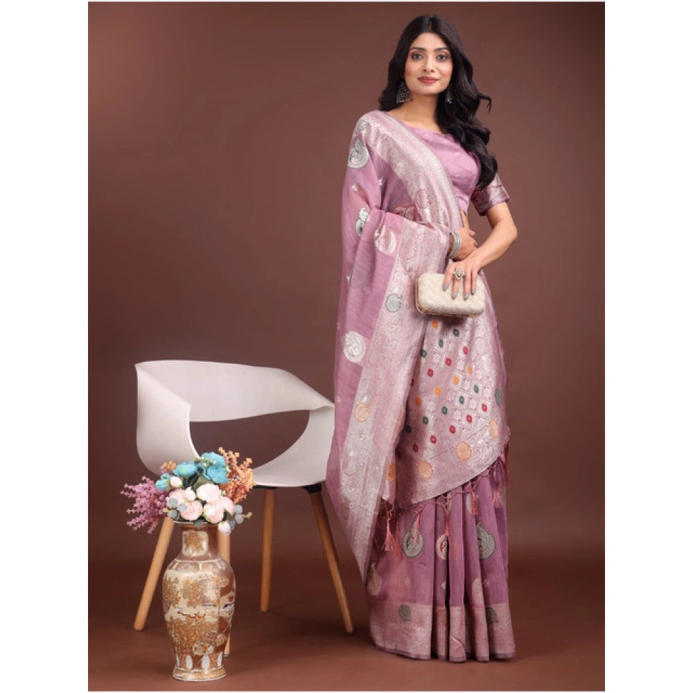 Amfyn Women's Linen Cotton Printed Saree With Unstitched Blouse 5.5Mtr (Purple)