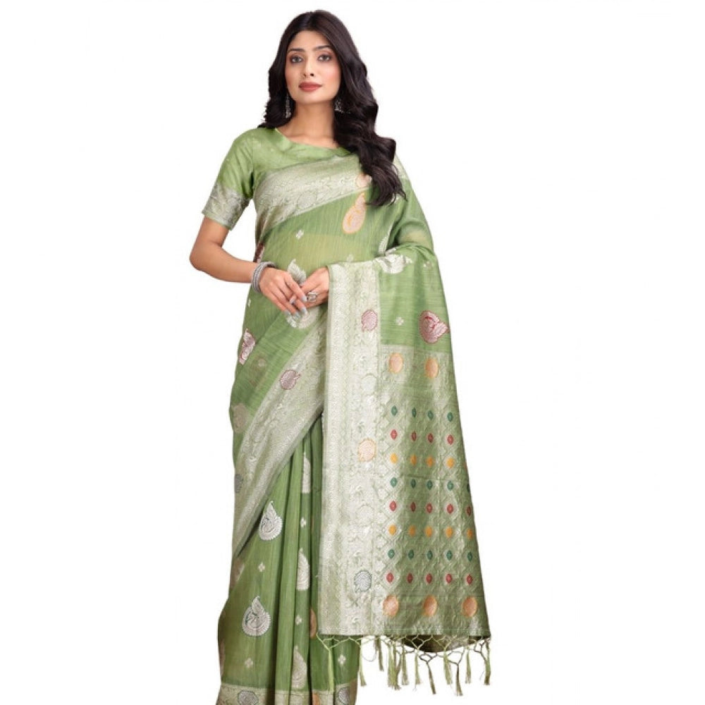 Amfyn Women's Linen Cotton Printed Saree With Unstitched Blouse 5.5Mtr (Light Green)