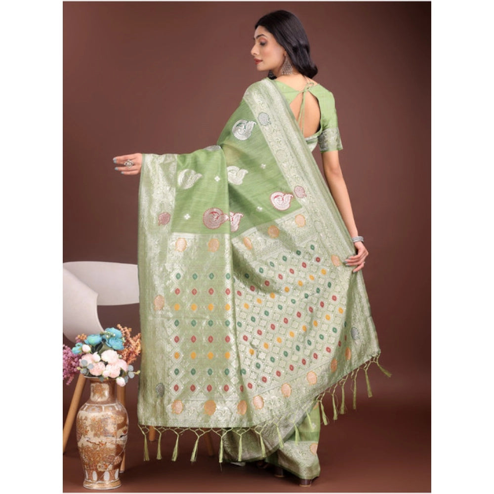 Amfyn Women's Linen Cotton Printed Saree With Unstitched Blouse 5.5Mtr (Light Green)