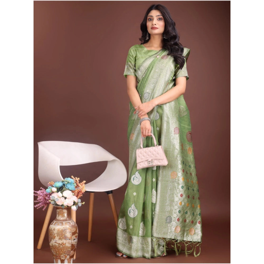 Amfyn Women's Linen Cotton Printed Saree With Unstitched Blouse 5.5Mtr (Light Green)