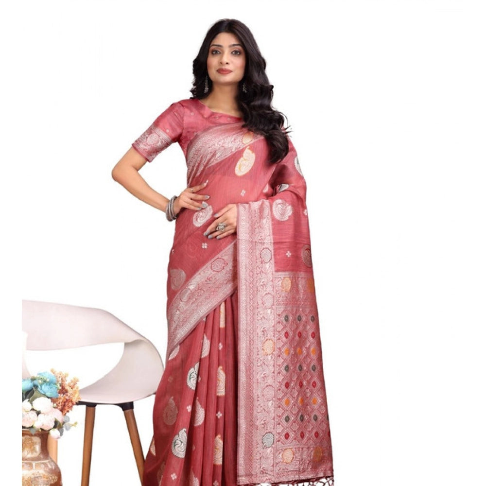 Amfyn Women's Linen Cotton Printed Saree With Unstitched Blouse 5.5Mtr (Pink)