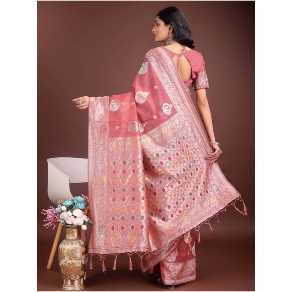 Amfyn Women's Linen Cotton Printed Saree With Unstitched Blouse 5.5Mtr (Pink)