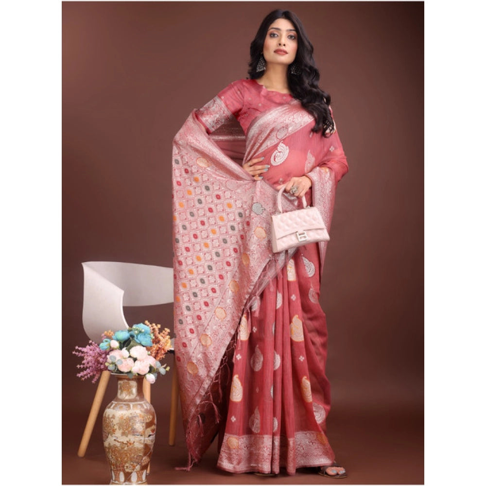 Amfyn Women's Linen Cotton Printed Saree With Unstitched Blouse 5.5Mtr (Pink)