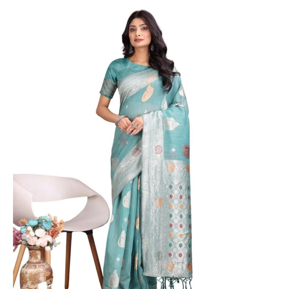 Amfyn Women's Linen Cotton Printed Saree With Unstitched Blouse 5.5Mtr (Sea Green)