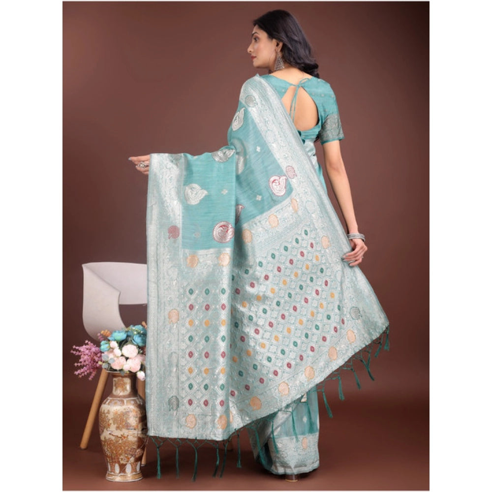 Amfyn Women's Linen Cotton Printed Saree With Unstitched Blouse 5.5Mtr (Sea Green)