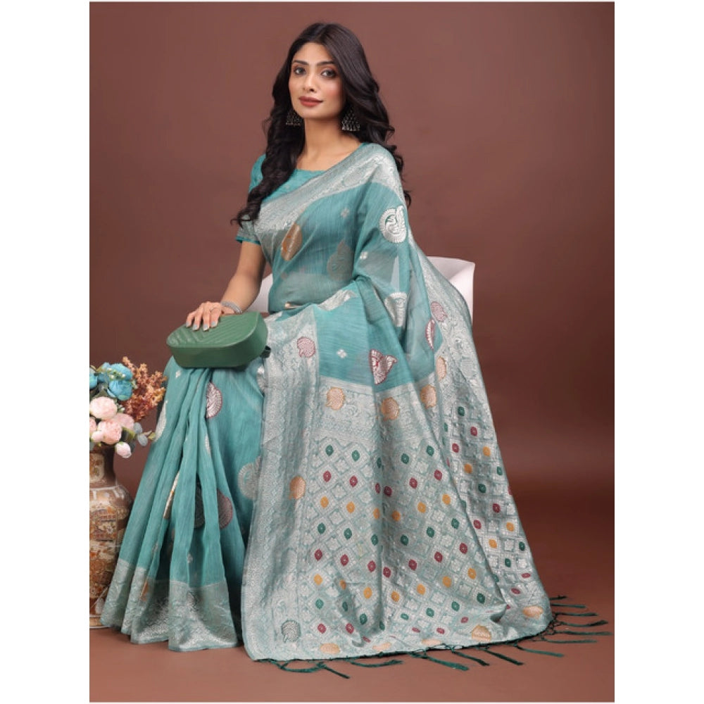 Amfyn Women's Linen Cotton Printed Saree With Unstitched Blouse 5.5Mtr (Sea Green)