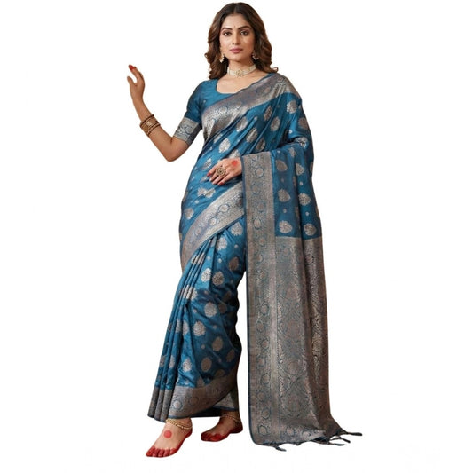 Amfyn Women's Silk Blend Printed Saree With Unstitched Blouse 5.5Mtr (Teal Blue)