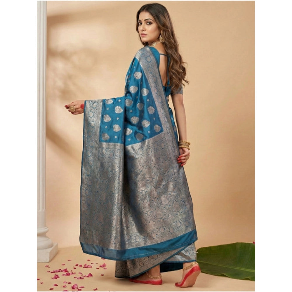 Amfyn Women's Silk Blend Printed Saree With Unstitched Blouse 5.5Mtr (Teal Blue)