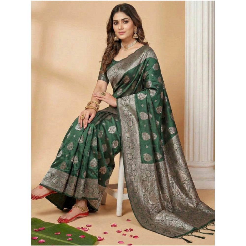 Amfyn Women's Silk Blend Printed Saree With Unstitched Blouse 5.5Mtr (Dark Green)