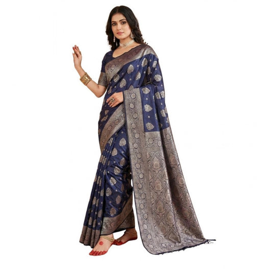 Amfyn Women's Silk Blend Printed Saree With Unstitched Blouse 5.5Mtr (Navy Blue)