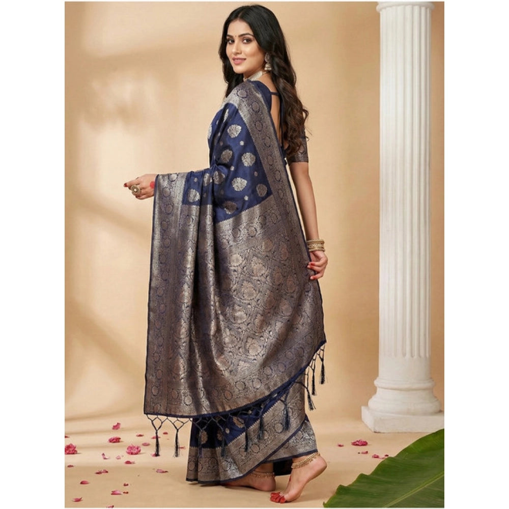 Amfyn Women's Silk Blend Printed Saree With Unstitched Blouse 5.5Mtr (Navy Blue)