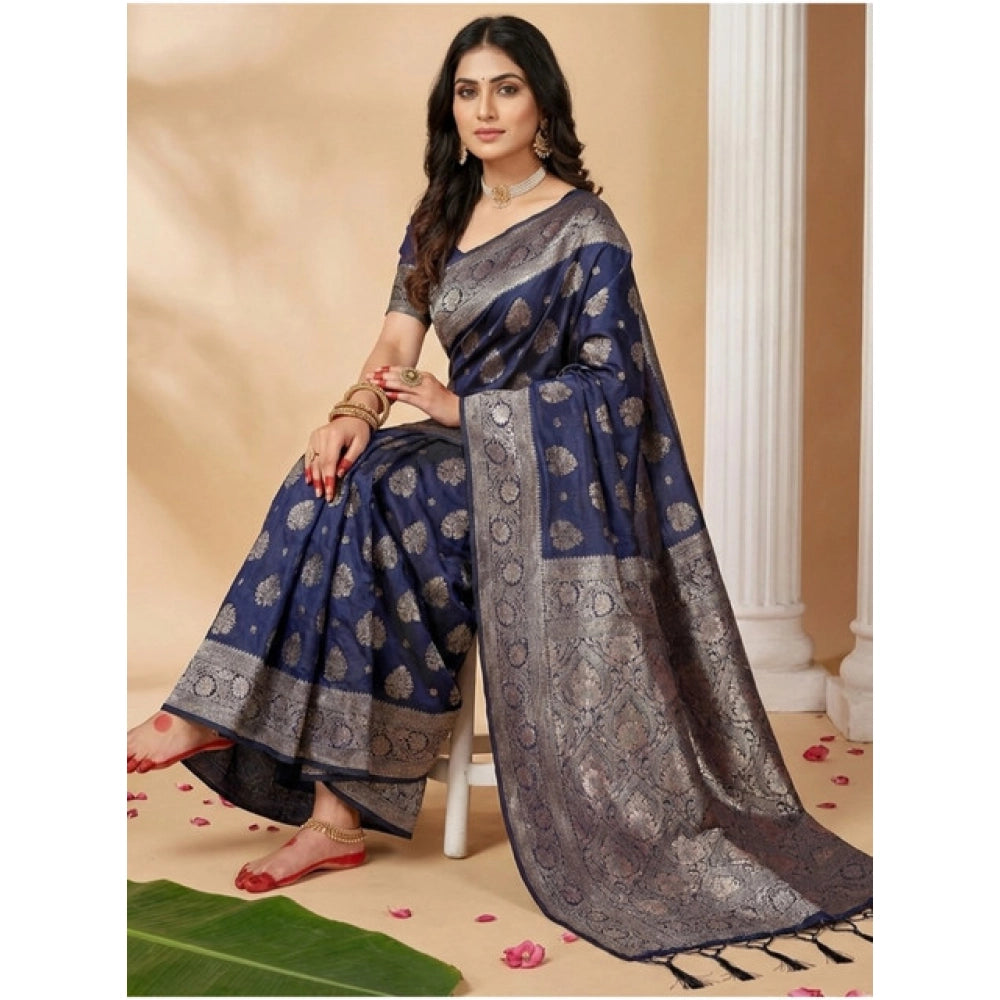 Amfyn Women's Silk Blend Printed Saree With Unstitched Blouse 5.5Mtr (Navy Blue)