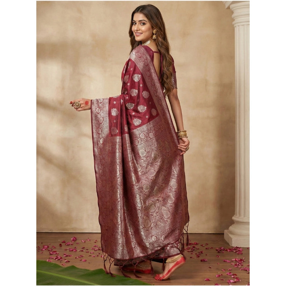Amfyn Women's Silk Blend Printed Saree With Unstitched Blouse 5.5Mtr (Maroon)