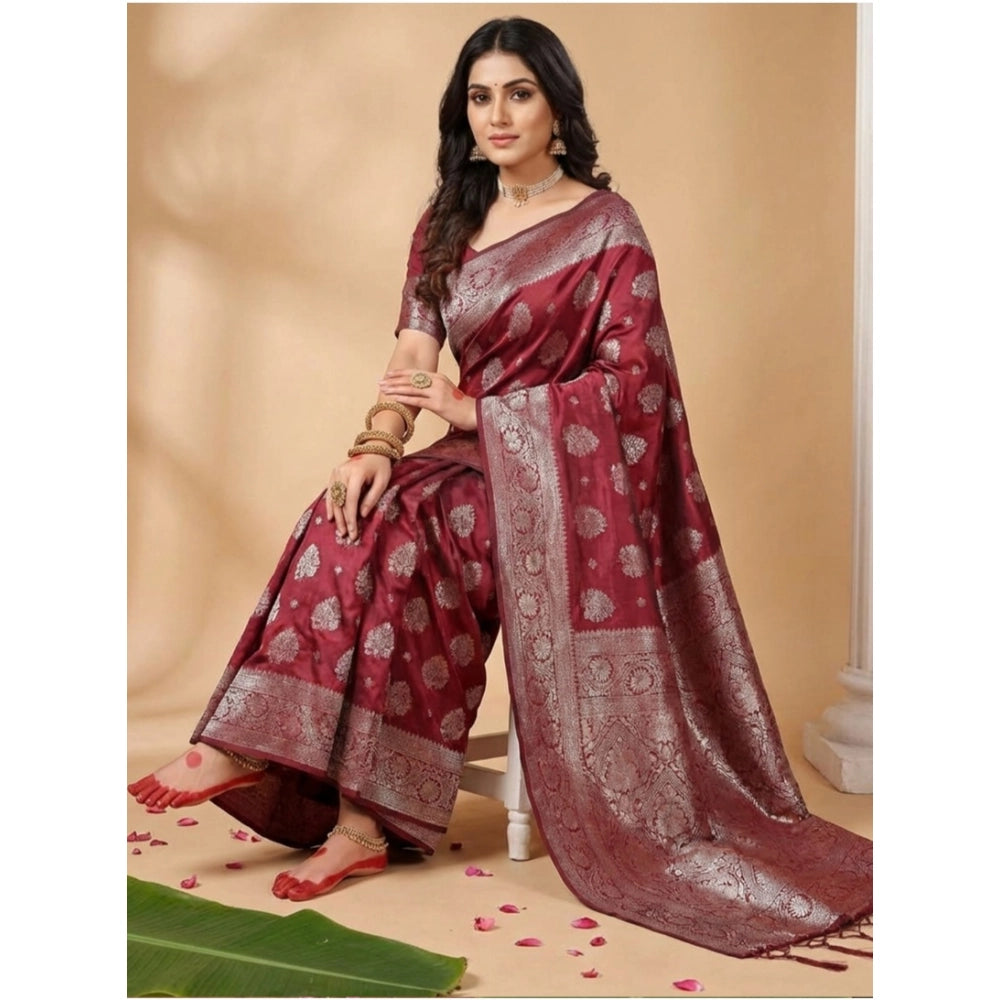 Amfyn Women's Silk Blend Printed Saree With Unstitched Blouse 5.5Mtr (Maroon)