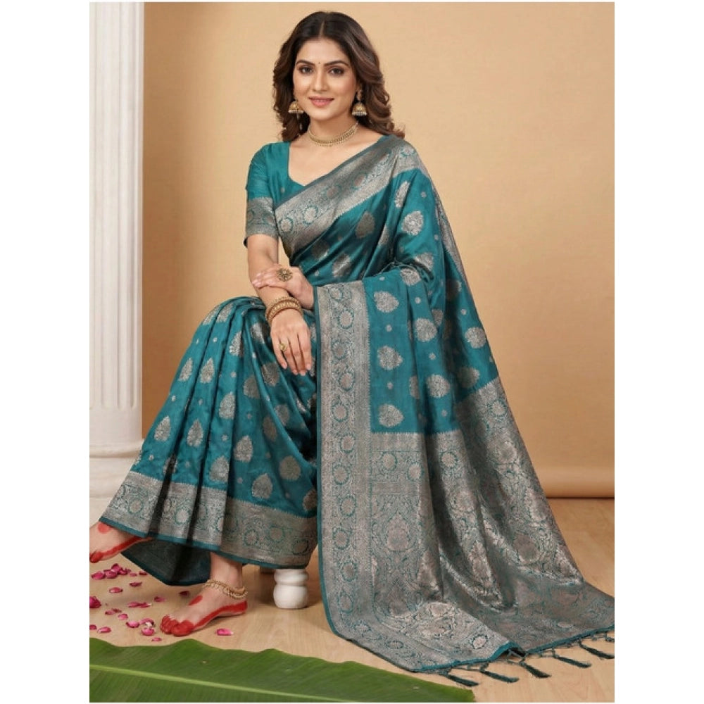 Amfyn Women's Silk Blend Printed Saree With Unstitched Blouse 5.5Mtr (Sea Green)