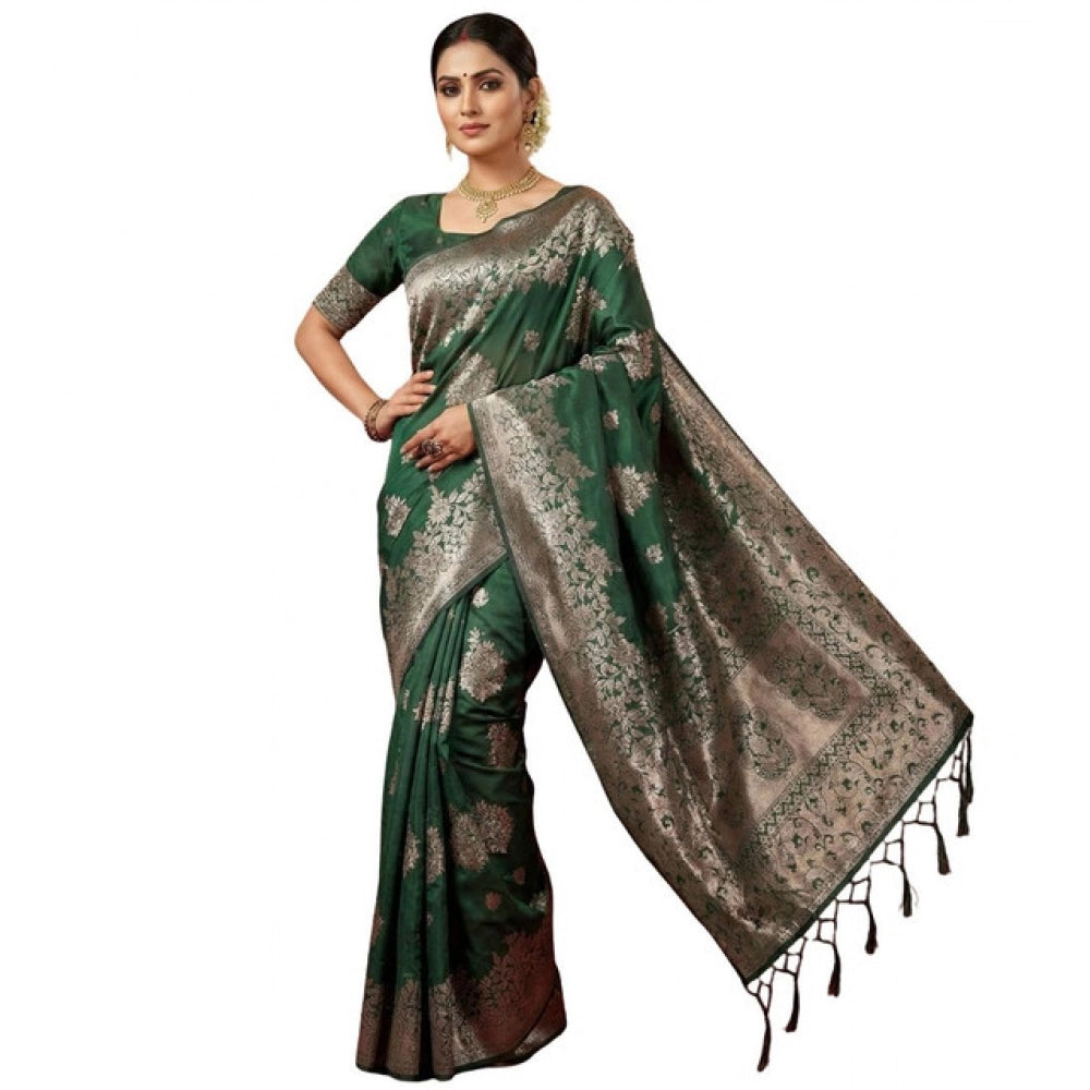 Amfyn Women's Silk Blend Printed Saree With Unstitched Blouse 5.5Mtr (Dark Green)