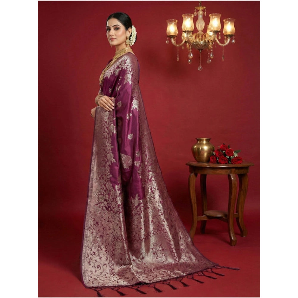 Amfyn Women's Silk Blend Printed Saree With Unstitched Blouse 5.5Mtr (Purple)