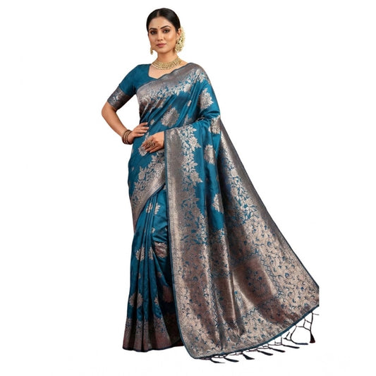 Amfyn Women's Silk Blend Printed Saree With Unstitched Blouse 5.5Mtr (Teal Blue)