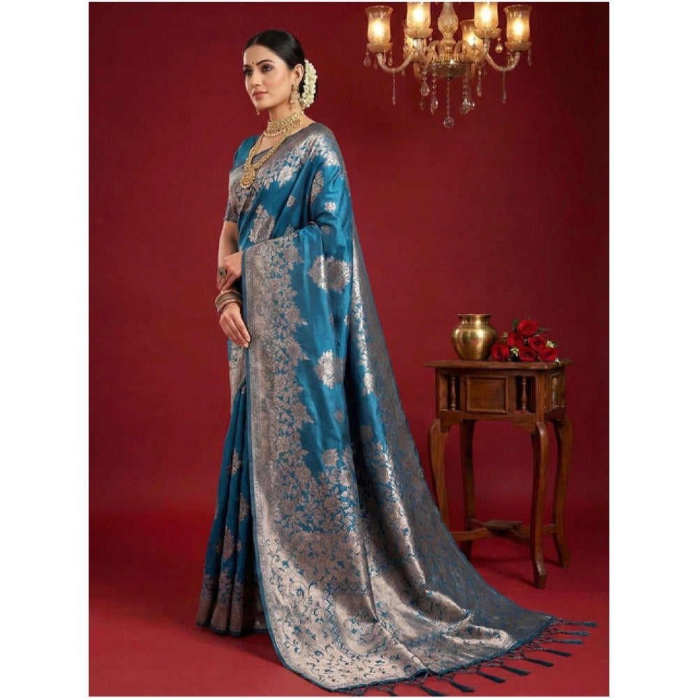 Amfyn Women's Silk Blend Printed Saree With Unstitched Blouse 5.5Mtr (Teal Blue)