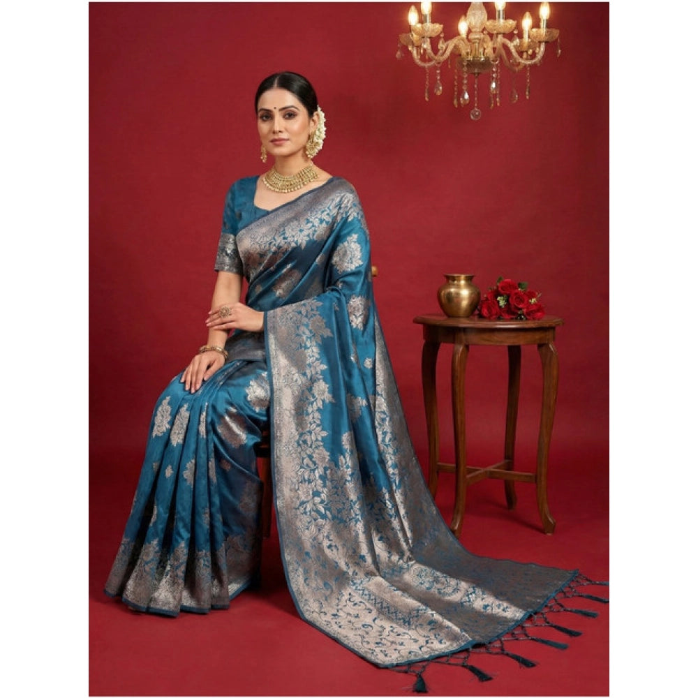Amfyn Women's Silk Blend Printed Saree With Unstitched Blouse 5.5Mtr (Teal Blue)